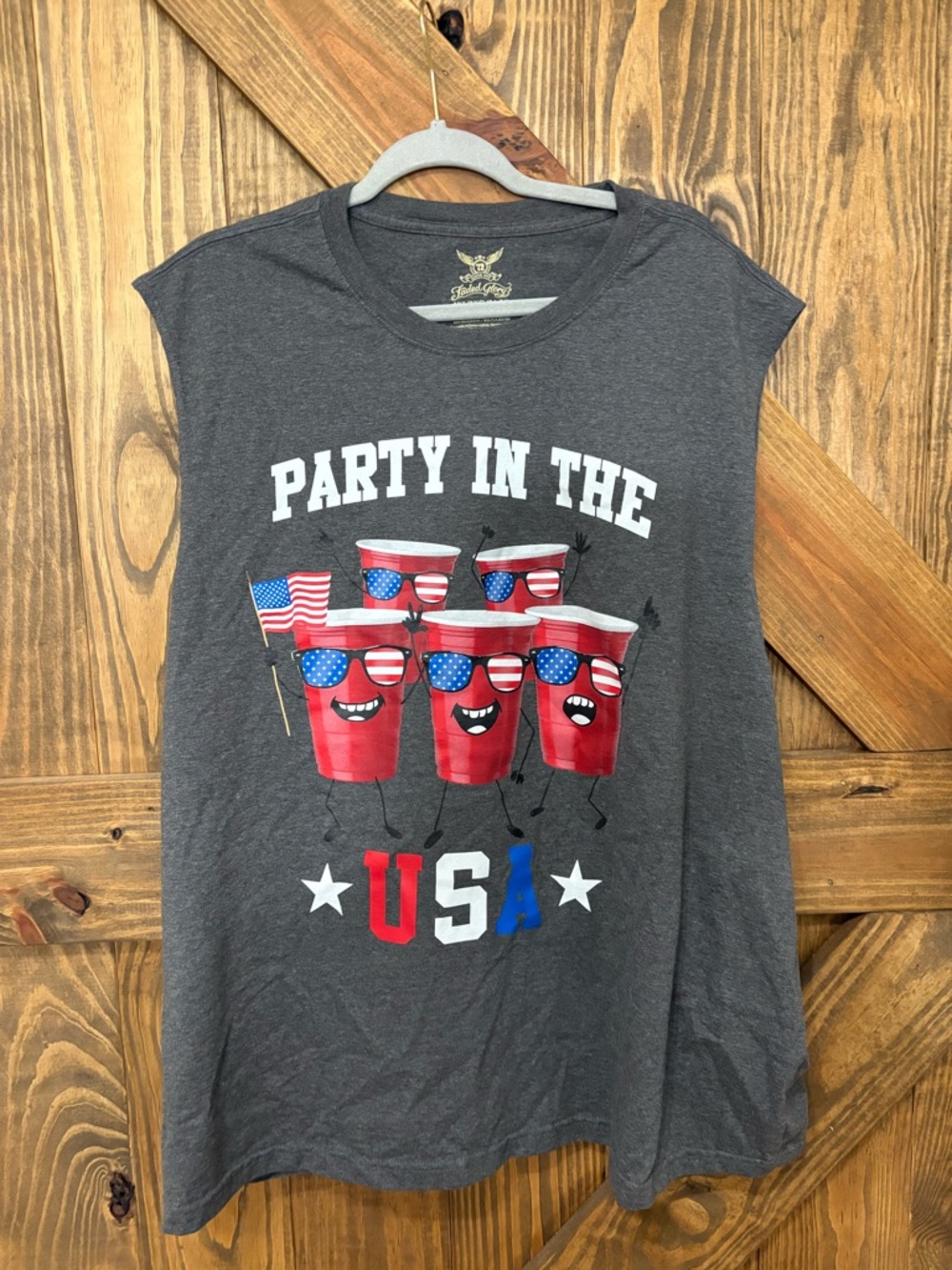 Faded Glory Gray Tank Top with Red Cup USA Graphic